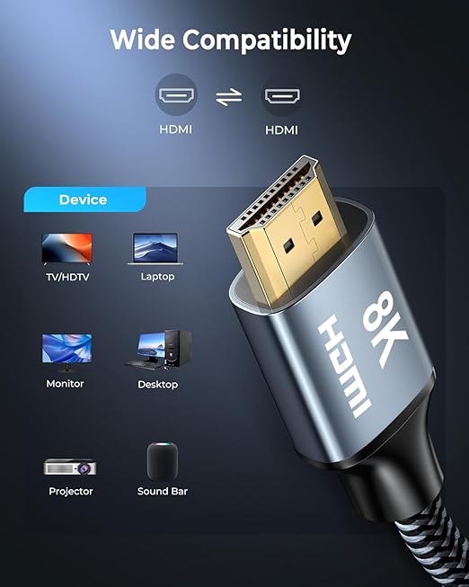 8K HDMI Cable 10 ft, 48Gbps High Speed HDMI 2.1 Cable, Braided HDMI Cable 2.1 8K 60Hz 4K 120Hz Support for HDR eARC HDCP 2.2/2.3, HDMI Cord Compatible with HDTV, Laptop, Monitor, PC
