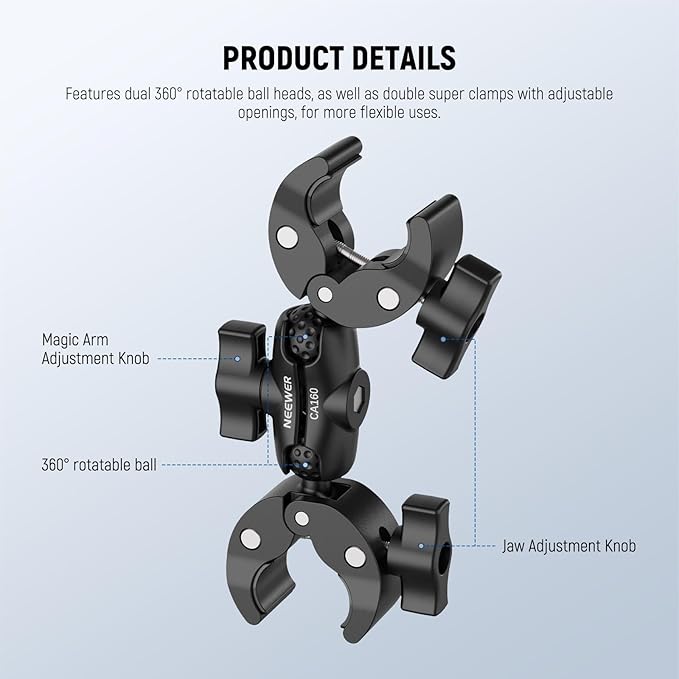 NEEWER Double Super Clamp Mount with Magic Arm, 360° Umbrella Flag Pole Clamp Holder for Desk Photo Studio Light Stand Photography Reflector Scrim Cross Bar Motorcycle Handlebar Stroller Chair, CA160