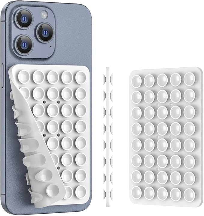Double Sided Silicone Suction Phone Holder Mount, Silicon Accessory for iPhone and Android, Hands-Free Mirror Shower Phone Holder, TikTok Videos and Selfies (White)