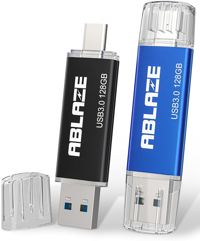 ABLAZE USB C Flash Drive 128GB 2 Pack, Dual USB 3.0+Type C Flash Drive Compatible with iPhone 16/15, Android Smartphone, Computer,Tablet Mac Laptop (2 Pack)