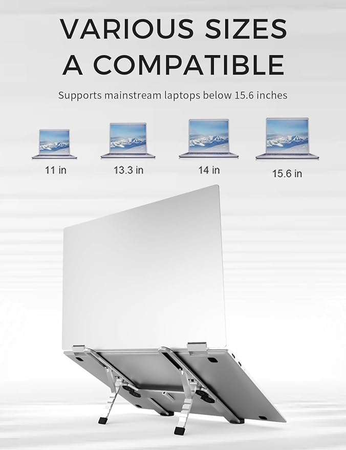 Junfire Foldable Laptop Stand for Travel, Aluminum Stable Ergonomic Laptop Riser with 6-Levels Height Adjustment, Fits with MacBook Air, MacBook Pro, iPad, HP, Dell, Lenovo (Up to 15.6'')-Sliver