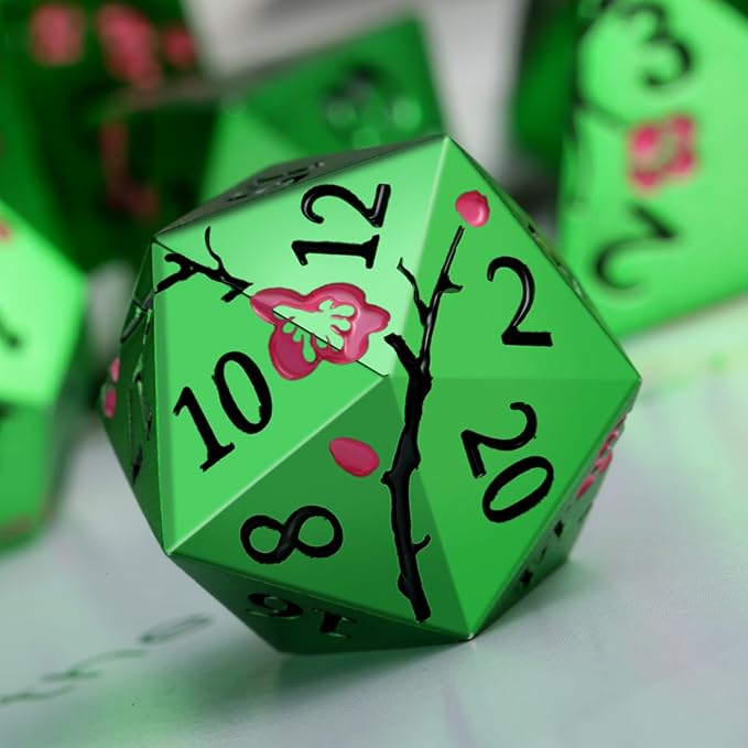 Matt Green Metal Dice Set, DNDND 7 PCS Heavy Metallic D&D Dice Set with Gorgeous Gift Case for Dungeons and Dragon Tabletop Game (Matte Green with Pink Flower)