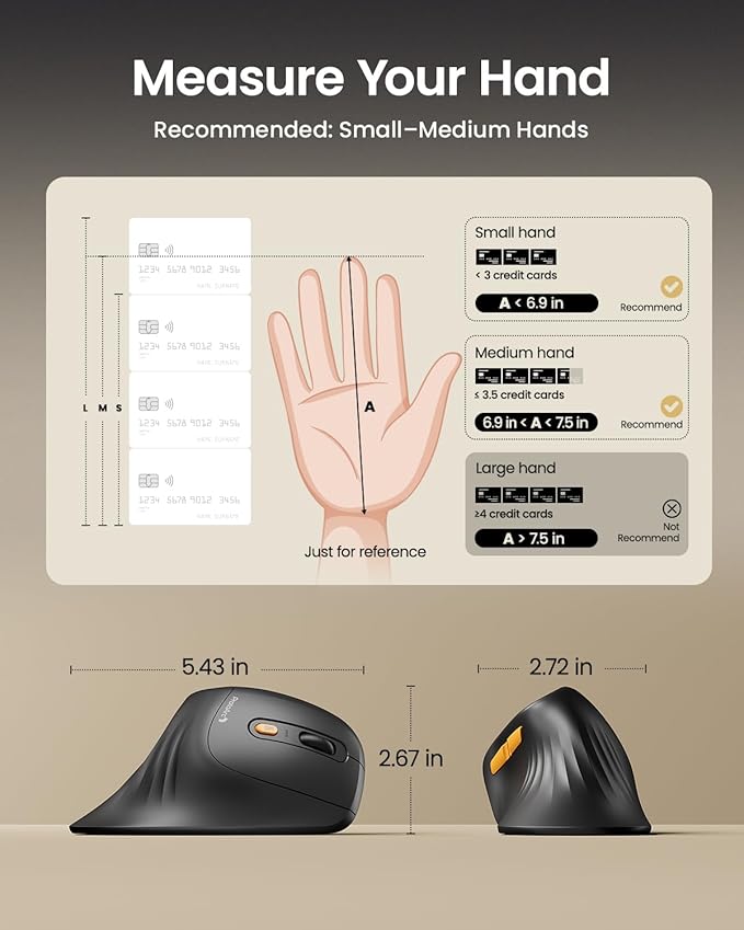 ProtoArc Ergonomic Mouse, EM11 NL Bluetooth Rechargeable Wireless Vertical Mouse, 3 Multi-Device Connectivity for Computer/PC/Laptop, 2.4GHz Optical Mice for Windows, Mac OS, Black
