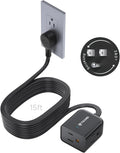 TROND 360° Rotating Flat Plug Extension Cord 15ft, Low Profile Small Power Strip, 3 Side Grounded Outlet, 13A, SPT 16/3 Gauge Cable for Indoor Home Office Kitchen Cruise Travel Essentials, Black