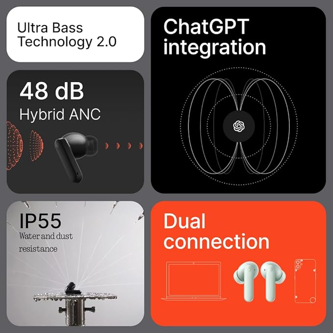 CMF Buds 2 Wireless Earbuds, 2025New Bluetooth Headphones with 48dB Hybrid ANC, Ultra Bass Technology Active Noise Cancellation Earphones, 55H Playtime, 6HD Mics, ChatGPT Integration Light Orange