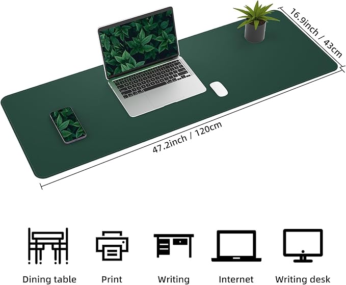 Leather Desk pad Protector, Large Desk mat with Natural Cork & PU Leather,Large Mouse pad, Office Desk Mat,Waterproof Desk Writing Pad for Office and Home (47in*17in, Dark Green)