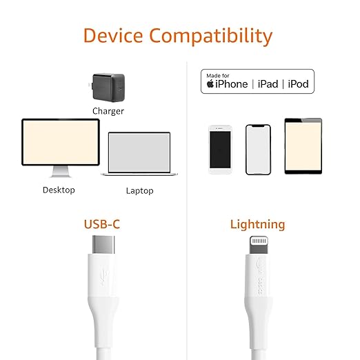 Amazon Basics MFi Certified USB-C to Lightning Fast Charging Cable for Apple iPhone, Nylon Braided, 10 ft, White
