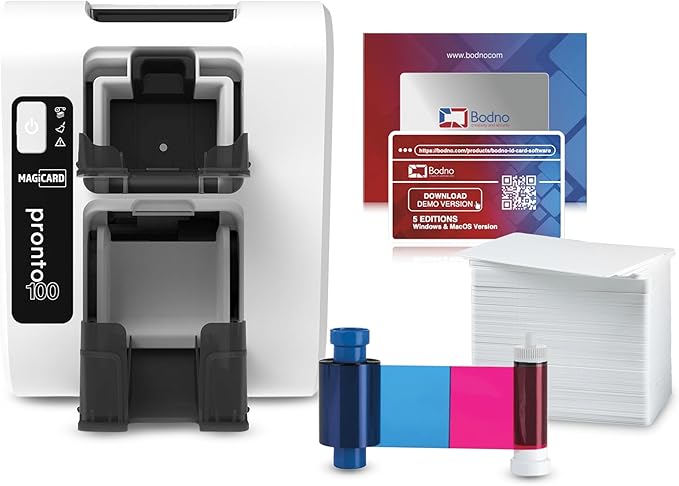 Bodno Magicard Pronto 100 ID Card Printer & Complete Supplies Package ID Software - Silver Edition