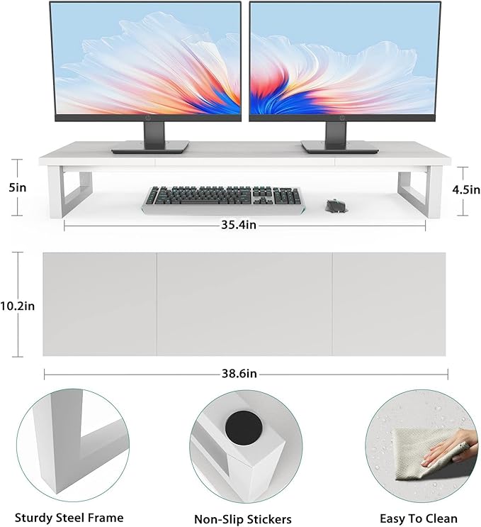 Dual Monitor Stand Riser, 39Inch Large Monitor Stands for 2 Monitors, Computer Monitor Stand, Wooden Desktop Oraganizer Shelf for Office Desk Computer,Laptop,TV