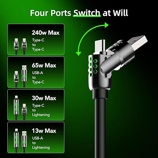 MFish 4-in-1 USB C Charging Cable, 6.6Ft Type C to Type C Cable, 240W Fast Charger for iPhone 16/15/14 Pro Plus Pro Max, for iPad MacBook Pro/Air, Laptops - Multi Charging Cable with USB-A