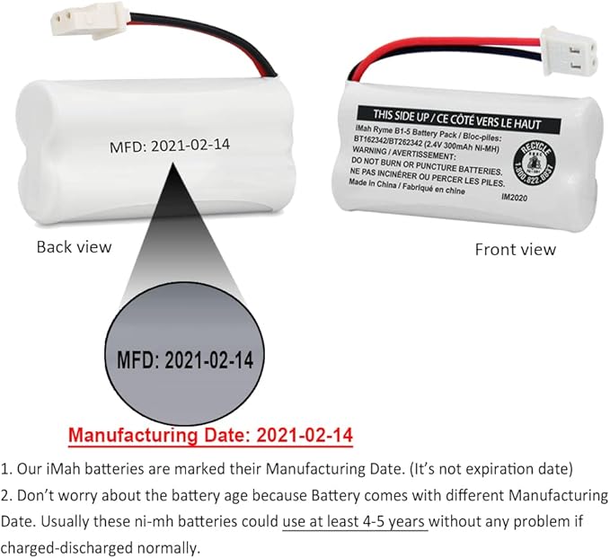 iMah BT162342/BT262342 2.4V 300mAh Ni-MH Cordless Phone Battery Pack, Also Compatible with BT183342/BT283342 AT&T EL52351 TL90070 VTech CS5119 DS6511 DS6722 LS6305 Handset, 6-Pack