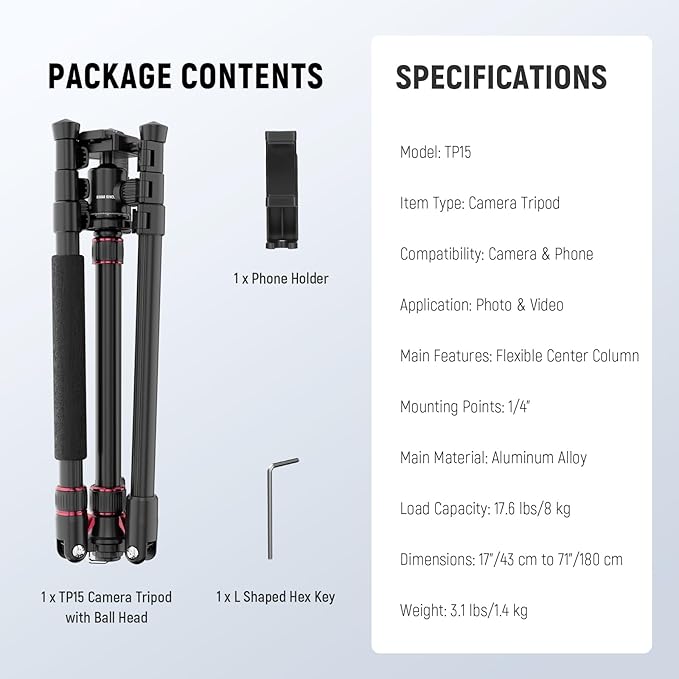 NEEWER Basics Camera Tripod Monopod, 71" Aluminum Heavy Duty Portable Travel DSLR Cell Phone Stand with 360° Ball Head Cellphone Holder Mount Compatible with iPhone for Filming Video Recording, TP15