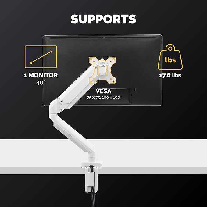 Fellowes Platinum Series Single Monitor Arm for 40-Inch Monitors, Full Motion, 360° Rotation, VESA Mount with Grommet or Clamp, USB Ports, Ergonomic, White, 8056201