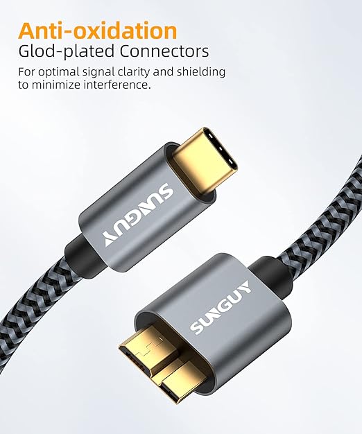 SUNGUY 10Gbps Micro B to USB C Hard Drive Cable 1.5FT, USB 3.1 USB C to Micro B, High-Speed External Hard Drive USB C Cable for iPhone 16/15 Series, MacBook Pro/Air, iPad, WD Toshiba Westgate Seagate