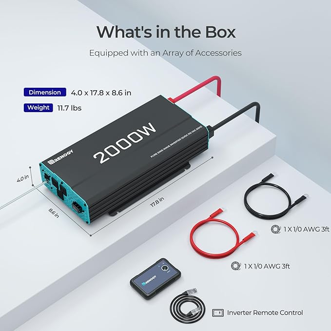 Renogy Inverter P2 2000 watt Pure Sine Wave Inverter, Solar Car Power Inverter 12V to 120V AC Converter for RV, Truck, Camping, Home Backup, Outdoor, Emergency, Off-Grid Living, 16.4FT Remote Control