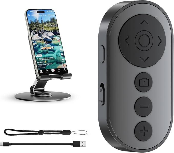 Bluetooth Camera Remote Shutter with Zoom and Camera Switch for Photo and Vlogging, Cellphone Remote Clicker for iOS & Android Smartphone, Wireless Video Scrolling with Metal Phone Stand for Tiktok