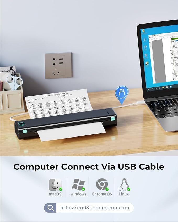 Phomemo Portable Printers Wireless for Travel, M08F Thermal Bluetooth Printer Support for 8.5"x11" US Letter, Small Inkless Printer Compatible with iOS, Android, Laptop for Car, Office, Home