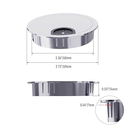2 Pack Desk Grommet 2-3/8 Inch 60mm, Zinc Alloy Computer Desk Wire Hole Cover, Office Desktop Cord Cable Hole Metal Ring, Silver Tone