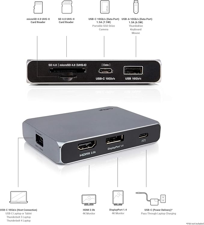 CalDigit USB-C 10Gb/s SOHO Dock - Up to 4K 60Hz, HDMI 2.0b, DisplayPort 1.4, 10Gb/s USB A & USB C, UHS-II microSD and SD Card Readers, Bus Power and Passthrough Charging, Steam Deck Compatible