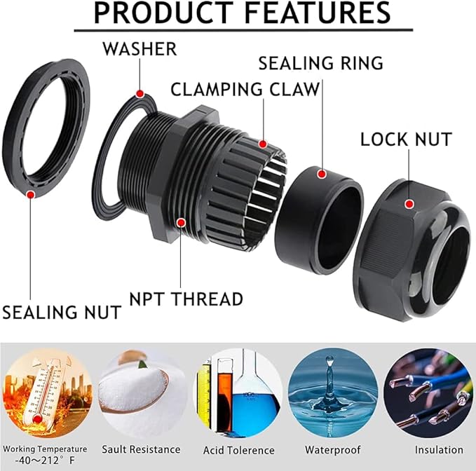 PENGLIN Cable Glands 1" NPT Nylon Cable Connector, Strain Relief Cord Connector, IP68 Waterproof Adjustable Locknut(1 Inch (8-Pack))