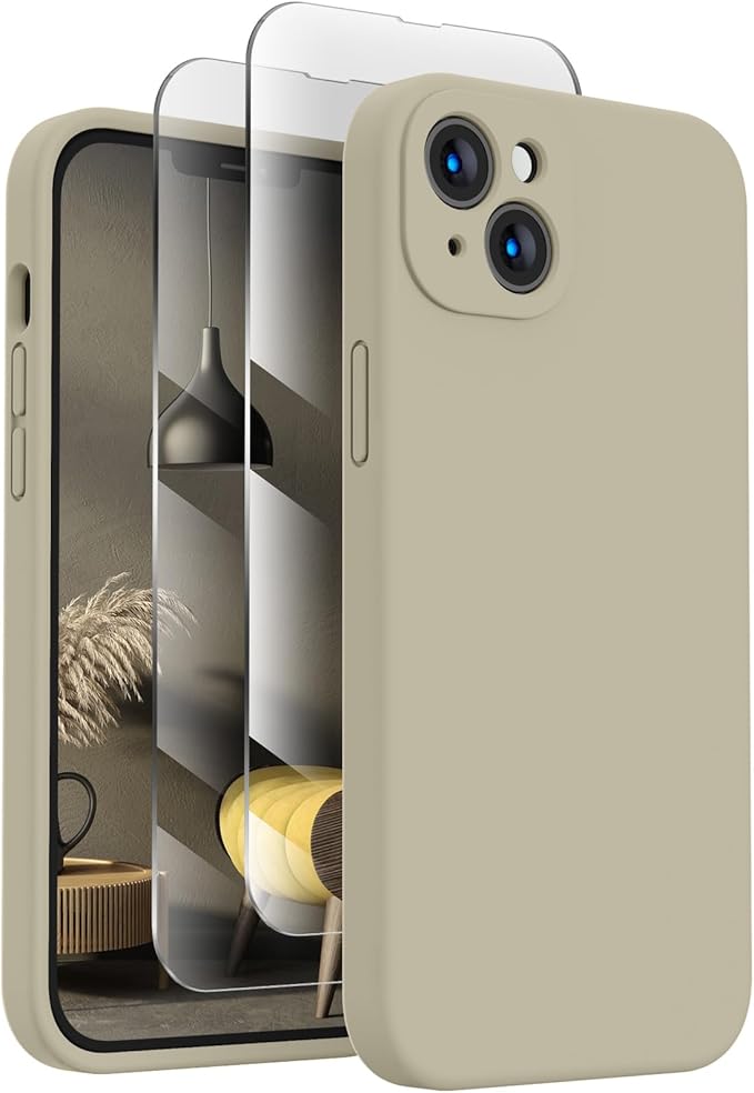 FireNova Designed for iPhone 13 Case, Silicone Upgraded [Camera Protection] Phone Case with [2 Screen Protectors], Soft Anti-Scratch Microfiber Lining Inside, 6.1 inch, Khaki