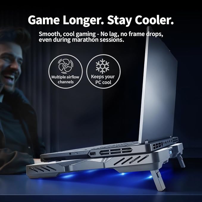 Thermoelectric Laptop Cooling Stand with 5 Fans - Adjustable Height for Laptops up to 19", Compatible with MacBook, Alienware, ROG & Gaming Laptops