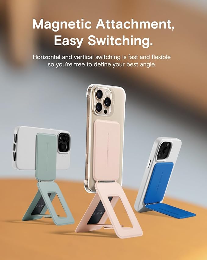 MOFT Phone Stand, Magnetic Phone Tripod Stand Stain-Resistant MOVAS Leather & Angle Adjustment & Strong Magnets Tripod for iPhone 16/15/14/13/12 (Included Metal Ring)-Cement