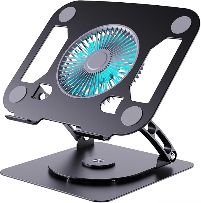 SHUWEI Laptop Cooling Stand with 3 Speed Fan, Adjustable Height & Angle, 360 Rotation Base, Carbon Steel Framework, Ultra-Quiet & Super Sturdy for up to 16”Laptop - Black