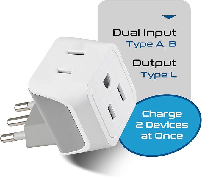 Ceptics Italy Travel Plug Adapter, Chile Plug Adapter with Dual USA Input, Compact Type L Plug Adapter, Safe Grounded Plug, Perfect for Cell Phones, Laptops, Chargers, 3 Pack - CT-12A