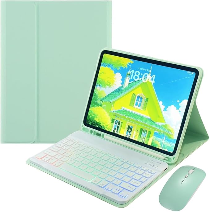 Rainbow Backlit Keyboard Case for iPad Air 13-inch (M3/M2), iPad Pro 12.9 (6th/5th/4th/3rd Gen) with Mouse and RGB Colorful Backlight Detachable Keyboard Cover,Mint Green