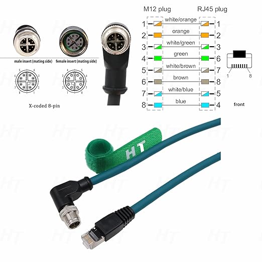 Ethernet GigE M12 8 Pin X-Code RJ45 CAT-7e Cable for Cognex in Sight 7000 gen2 9000 2000 Data Man 260 380 470 Camera Sensor Reader, Right Angle 8P (15m)