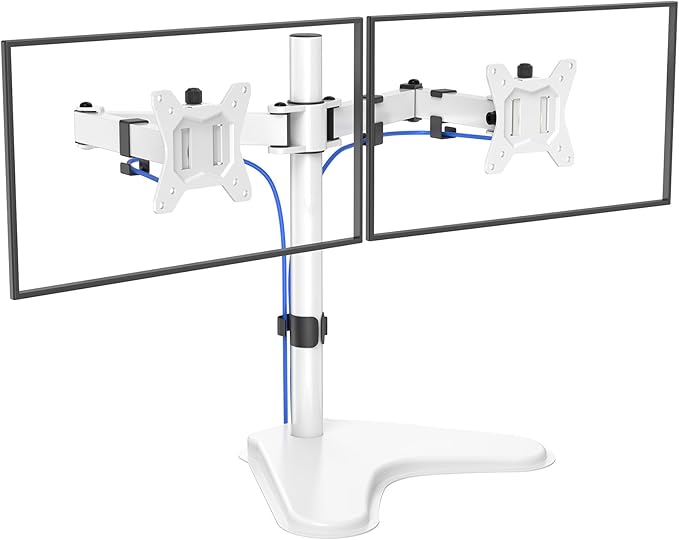 HUANUO 32 inches Dual Monitor Stand up to 17.6lbs, High-Grade Aluminum Free-Standing Dual Monitors Mount for 2 Screens. Fully Adjustable Dual Monitor Stand for Desk with Tilt, Swivel, Rotation, White