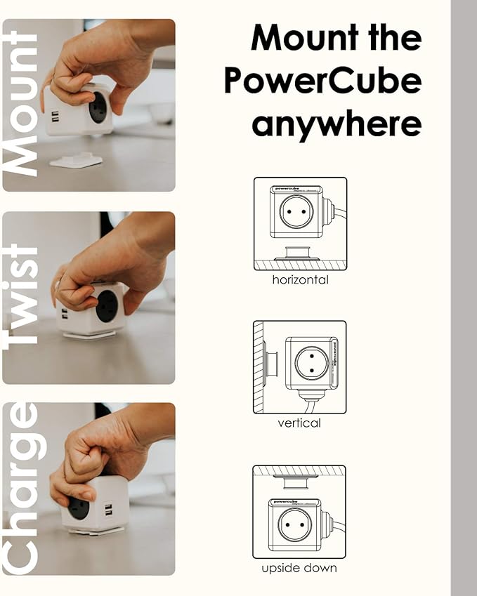 Allocacoc, PowerCube |ExtendedUSB|, 4 outlets, 2 USB Ports, 5 feet cable, Mounting dock, Surge Protection, Childproof Sockets, ETL Certified (Blue)
