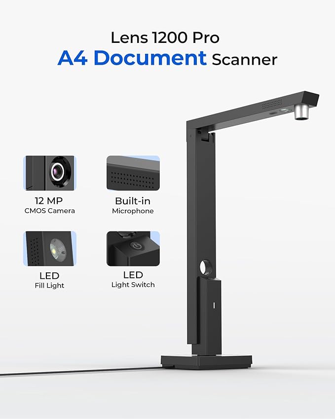 CZUR Portable 12MP Document Scanner, USB Document Camera, Fast Scan 1s/Page, Capture Size A4, OCR Function, Travel-Friendly Mobile Scanner for Mac & Windows, Lens1200 Pro (Not for Books)