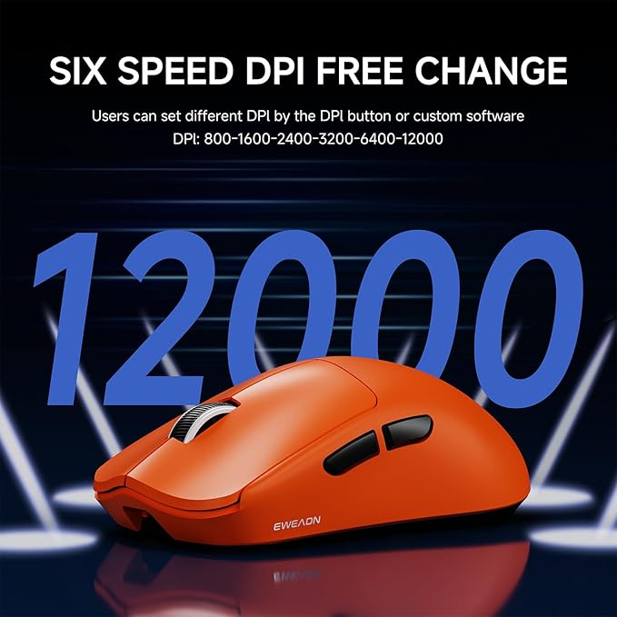 EWEADN X23Pro Wireless Gaming Mouse, 49g Lightweight Mouse, PAW3311 Sensor, 12000 DPI, 2.4G/BT5.0/USB-C Rechargeable Wireless Mouses with 6 Programmable Button, Grip tape, for Laptop/PC/Mac, Orange