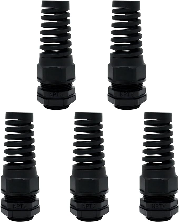 LeMotech 5Pcs NPT 1/2" IP68 Waterproof Cable Gland Flex Spiral Strain Relief Black Nylon Joint with Gaskets for 6-12mm Wire Thread