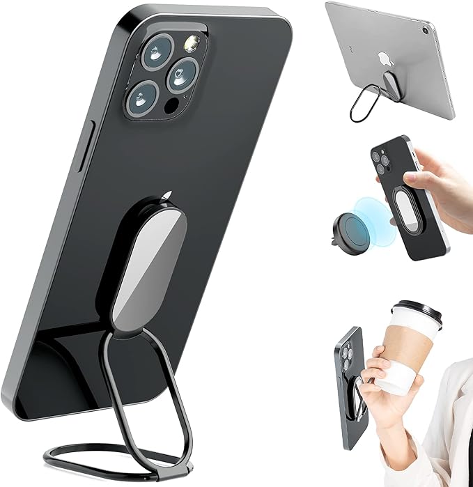 Phone Ring Holder Finger Kickstand, 360° Rotation Cell Phone Ring Holder Stand Metal Phone Back Grip for Magnetic Car Mount Foldable Cell Phone Stand Compatible with Most Smartphones