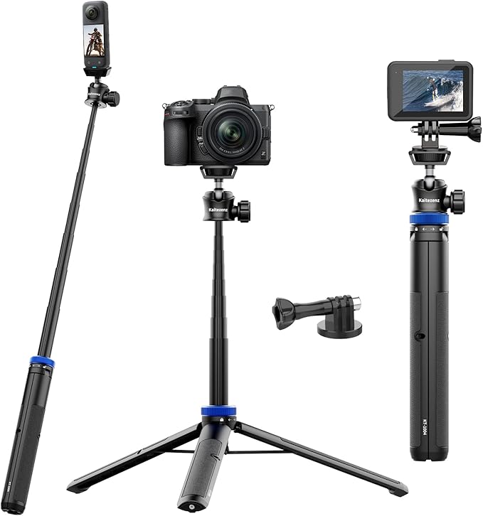 Selfie Stick Tripod for Gopro Camera, 62" Extendable Tripod Stand with 360° Ball Head 1/4" Screw, Portable Lightweight Camera Tripod for GoPro Max Hero 11 10 9 8 7 6 5 DJI OSMO Action Camera