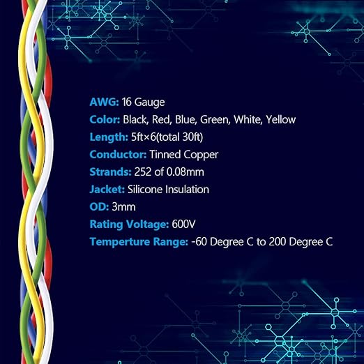 Fermerry 16 AWG Stranded Wire Spool 5ft Each 6 Colors Flexible 16 Gauge Silicone Hook up Wire Kit Electrical Tinned Copper Wire