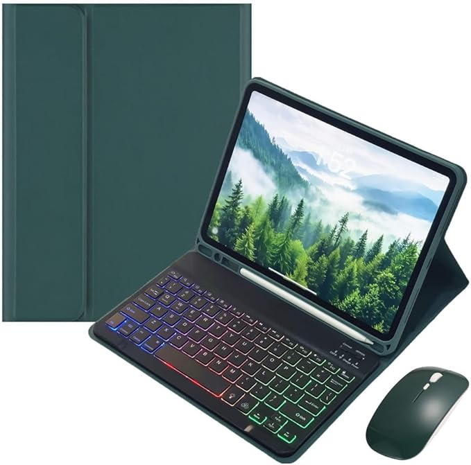 Keyboard Case for iPad Air 11-inch M3/M2 (2025/2024)/ Air 5th 4th Generation 10.9" with Mouse and Rainbow Backlit Magnetic Detachable Bluetooth Keyboard Cover,Dark Green+Black