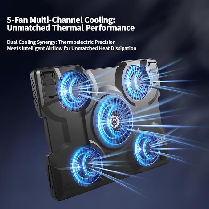Thermoelectric Laptop Cooling Stand with 5 Fans - Adjustable Height for Laptops up to 19", Compatible with MacBook, Alienware, ROG & Gaming Laptops