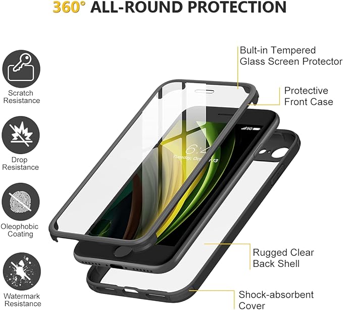Miracase for iPhone SE Phone Case 3rd/2nd Generation 2022 2020 Full-Body with Built-in Glass Screen Protector, Heavy Duty 360° Protective Shockproof Bumper Cover for iPhone 8/SE 4.7 Inch, Black