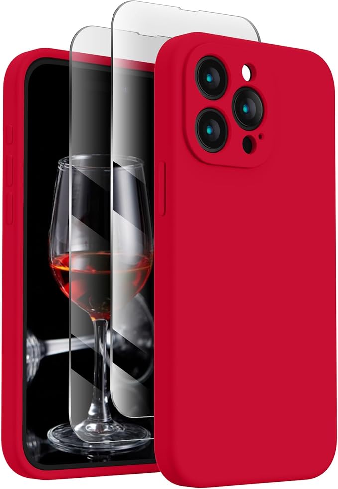 FireNova Designed for iPhone 15 Pro Max Case, Silicone Upgraded [Camera Protection] Phone Case with [2 Screen Protectors], Soft Anti-Scratch Microfiber Lining Inside, 6.7 inch, Deep Red