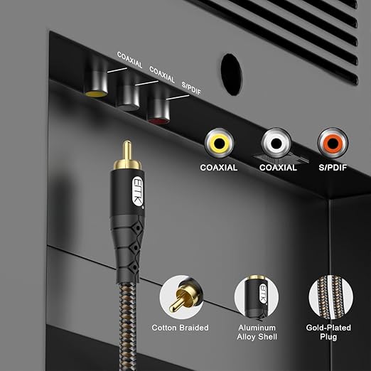 EMK RCA to RCA Subwoofer Cable – 24K Gold-Plated Connector Nylon Braided Double Shielded Audio Cable Digital&Analog Signal Support for Amplifiers Subwoofer Home Theater Hi-Fi Systems Black/50ft/15m
