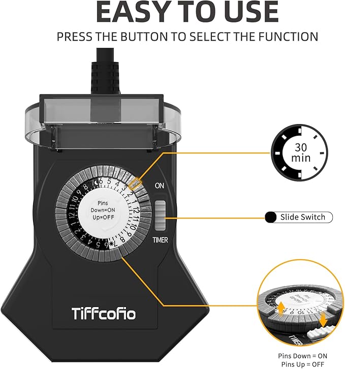 Outdoor Timer Outlet Waterproof, 24 Hour Mechanical Light Timer Outdoor, 2 Grounded Outlets for Home and Garden, 15A 1/2HP, Heavy Duty, ETL Listed (1 Pack)