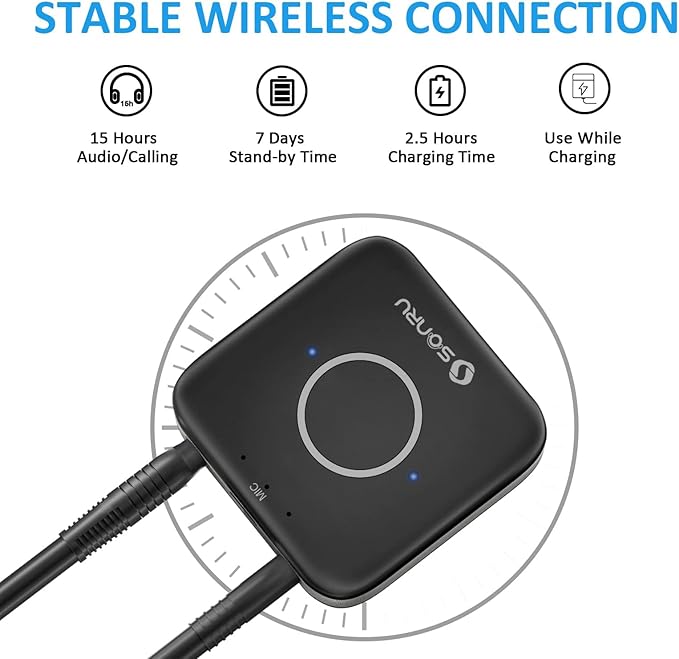 Bluetooth 5.3 Adapter Hi-Fi Equipment for Car Wireless Audio Receiver with 3.5mm AUX RCA Cable, Noise Cancellation, Dual AUX Outputs for Home Speakers Wired Headphones
