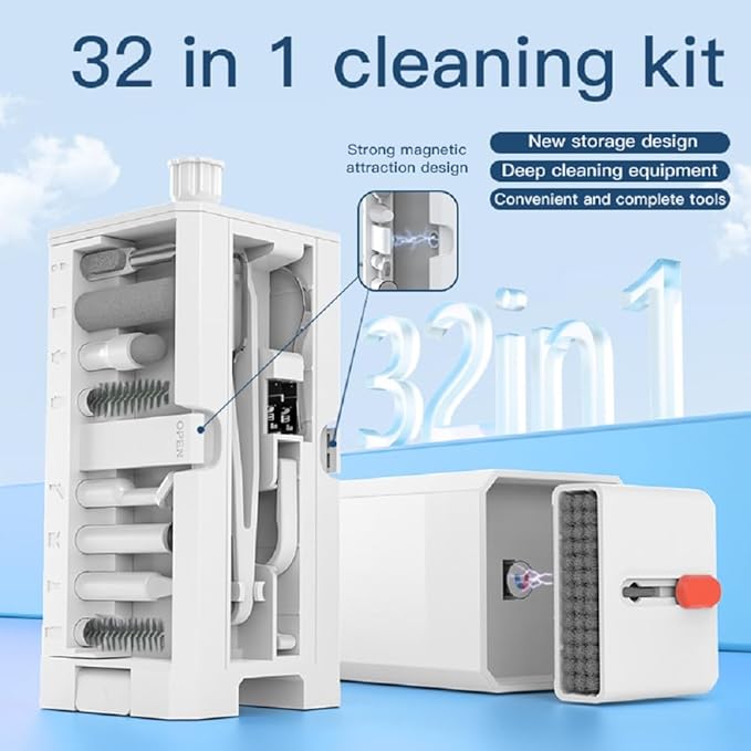 32-in-1 Multi-Function Electronics Cleaning Kit, Computer Laptop Cleaner Kit with Charging Port, Stylus Pen, Keyboard Brush & Reusable Tools for iPhone, MacBook, AirPods, Laptop, Camera Lens