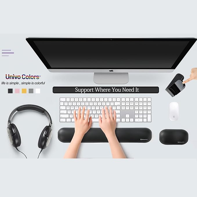 UnivoColors Design-Wave Set of Wrist Rest,Artificial Sheepskin+Memory Foam+Ergonomic+Anti-Slip Gel, Resilience Support During Work and Gaming,Keyboard Accessory,Black