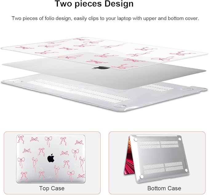 for MacBook Pro 13 Inch Case 2022 M2 2020 2021 A2338 M1 A2251 A2289 with Touch Bar & Touch ID, Pattern Plastic Hard Case Keyboard Cover Screen Protector Webcam Cover Brush, Pink Bowknot