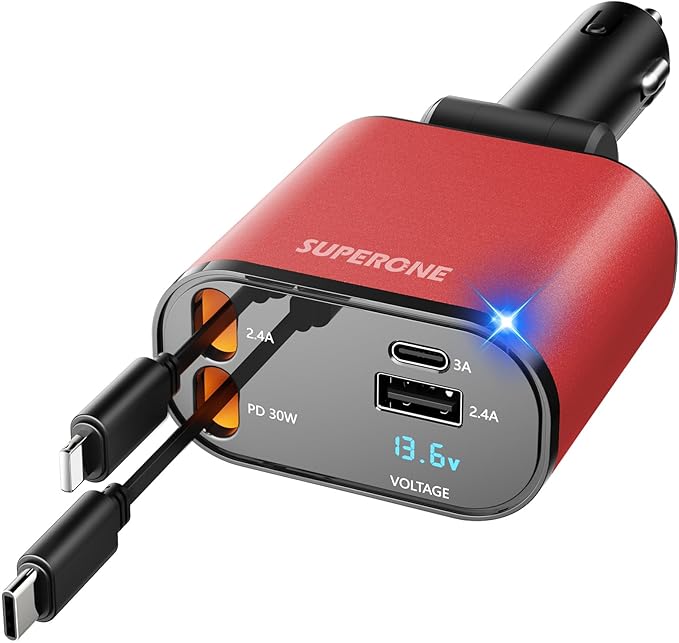 【Upgraded】 SUPERONE Retractable Car Charger 4 in 1, Fast Car Phone Charger with Cord 2.6ft, USB C and Apple Car Charger Adapter, Compatible with iPhone 15/15 Pro Max/14/13/12/11, Galaxy, Pixel